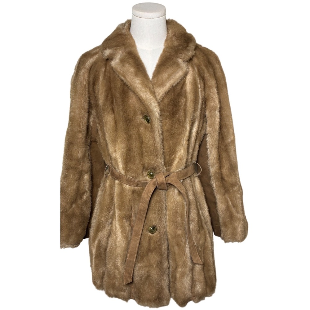 Vintage Belted Faux Fur Coat Leather Trim Made in England Brown M/L